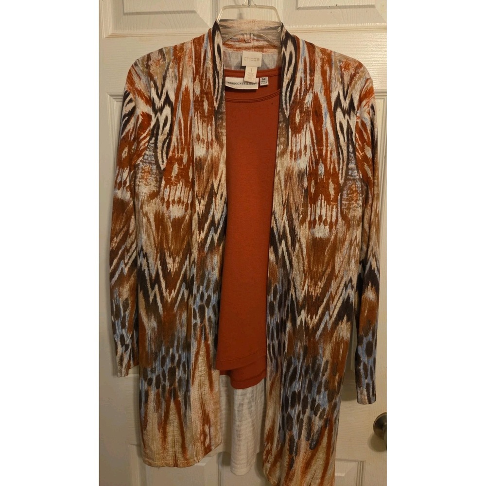 Chicos Size 1 Colorful Cardigan W/ Rebecca Malone M Long Sleeve T Fall Colors
